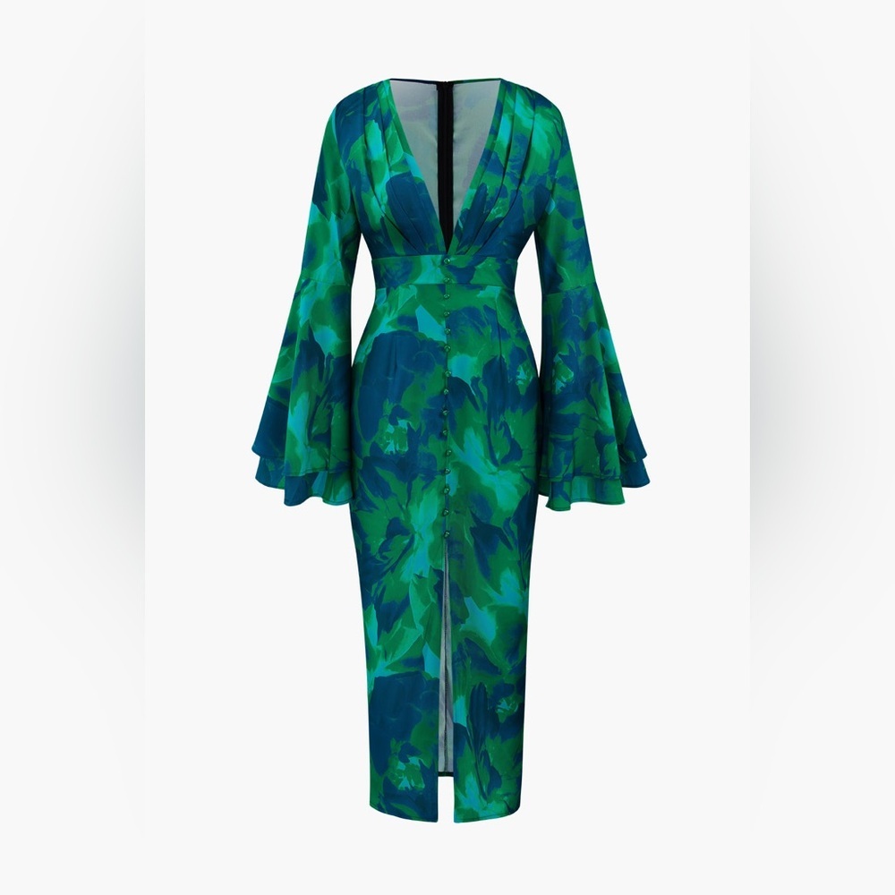 Elegant Green Floral midi dress L ma3-2 - Picture 2 of 6